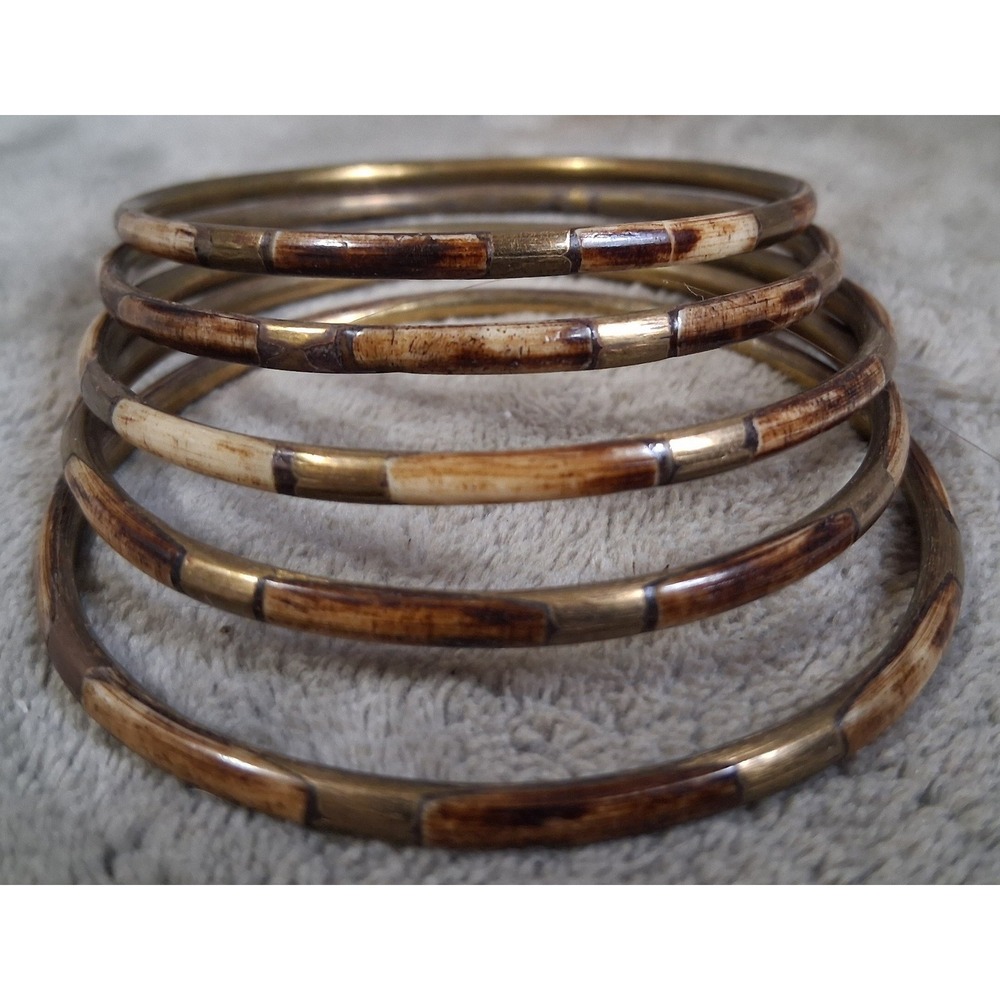 Vintage Brass Bone Inlay Stacking Bangle Bracelet‎ Set 1970s Boho India Lot of 5
